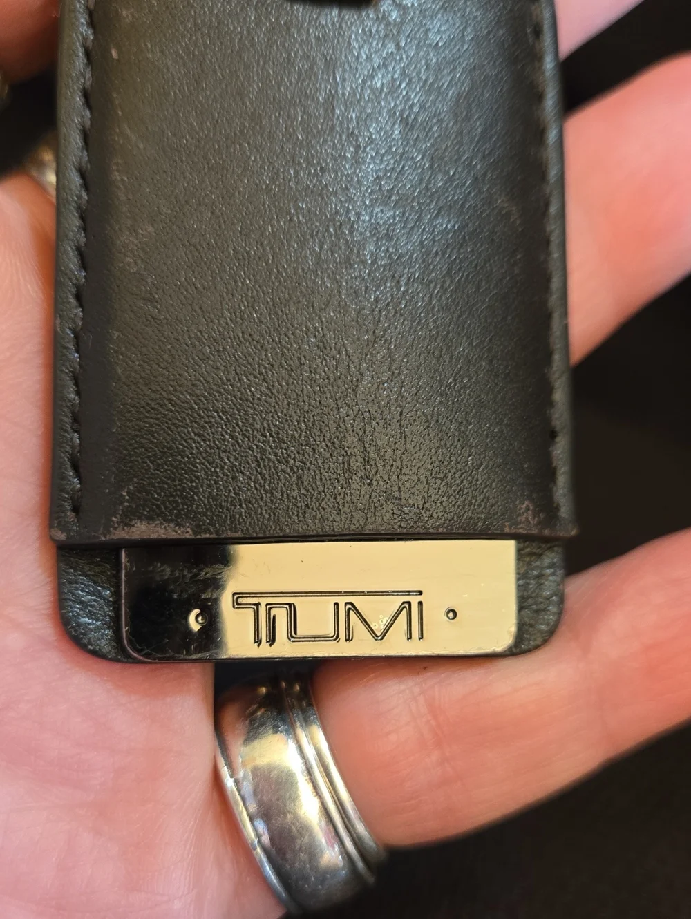 Tumi Dark Brown Leather Luggage Tag with Gunmetal Logo Plate